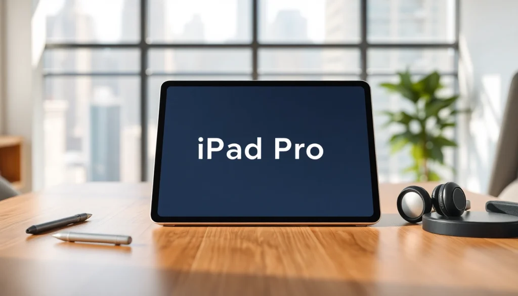 Buy iPad Pro displayed with tech accessories in a bright office setting.