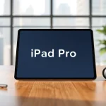 Buy iPad Pro displayed with tech accessories in a bright office setting.