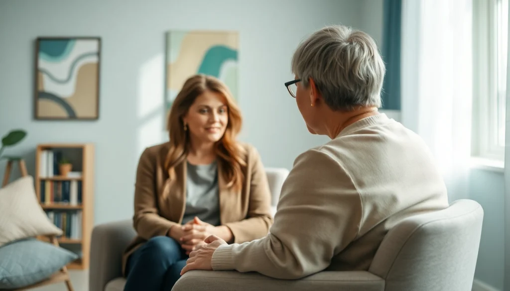 Therapist engaging with a patient on somatic symptom disorder in a peaceful therapy room.