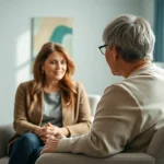 Therapist engaging with a patient on somatic symptom disorder in a peaceful therapy room.