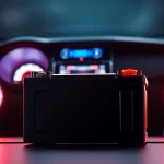 Showcase SCiB battery powering a high-performance car audio system, emphasizing its sleek design.