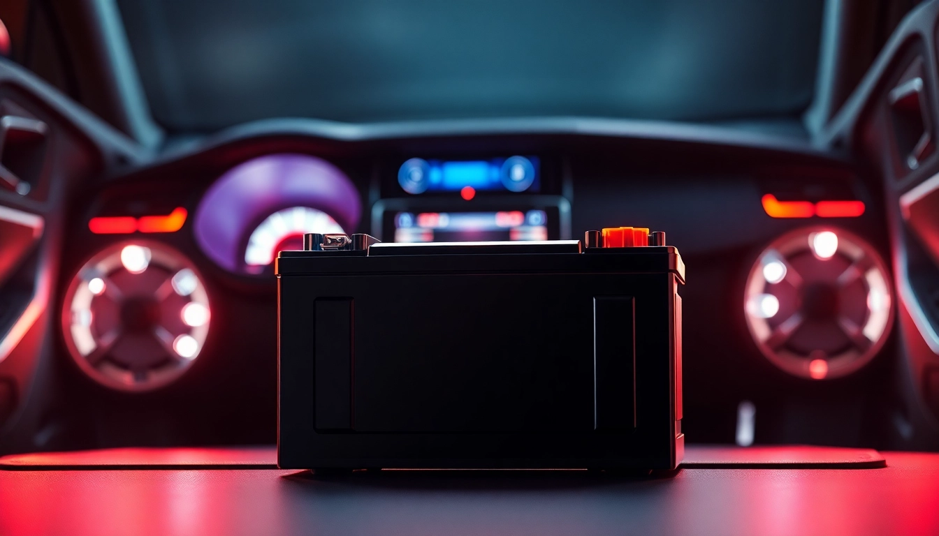 Showcase SCiB battery powering a high-performance car audio system, emphasizing its sleek design.