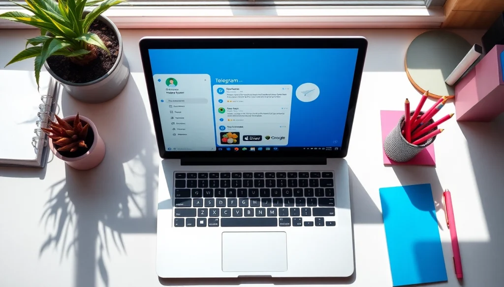 View the Telegram下载电脑版 application interface on a stylish laptop with colorful desk accessories.