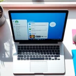 View the Telegram下载电脑版 application interface on a stylish laptop with colorful desk accessories.