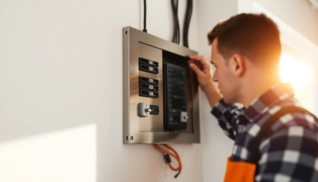 Inspecting a modern Electrical Panel during installation with a technician in focus.