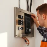 Inspecting a modern Electrical Panel during installation with a technician in focus.