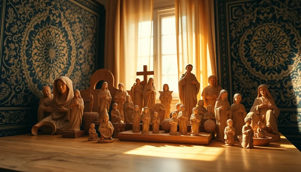 Admire beautifully crafted olive wood carvings showcasing intricate details and natural textures.