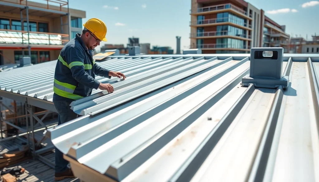 Installers working on commercial metal roofing panels at a construction site.