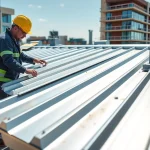Installers working on commercial metal roofing panels at a construction site.