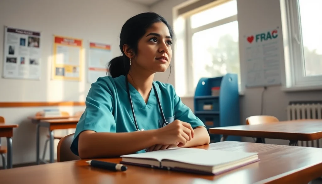 Nursing reflection essay concept with a student in a bright classroom, capturing a moment of contemplation.