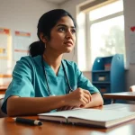 Nursing reflection essay concept with a student in a bright classroom, capturing a moment of contemplation.