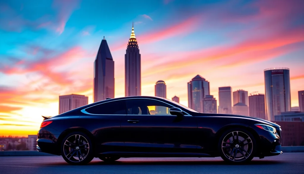 Experience premium car service Atlanta with a luxurious black limousine by iconic city skyline.