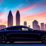 Experience premium car service Atlanta with a luxurious black limousine by iconic city skyline.