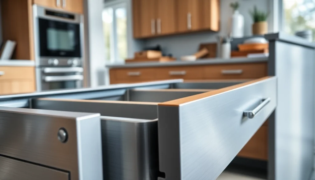 Showcasing a professional Metal Drawer System in a modern kitchen with sleek storage solutions.