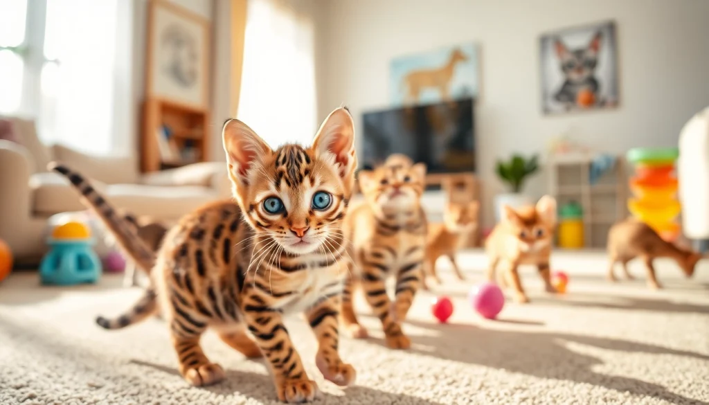 Engaging Bengal Kittens for Sale playing in a vibrant, sunlit living room.