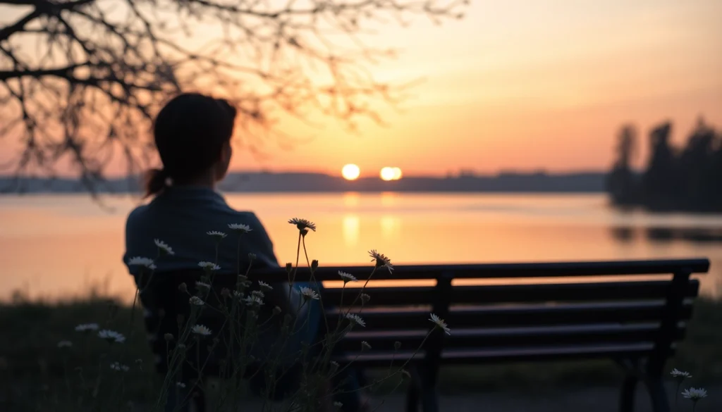 Individual reflecting on dealing with grief while sitting quietly by a serene lake at sunset.