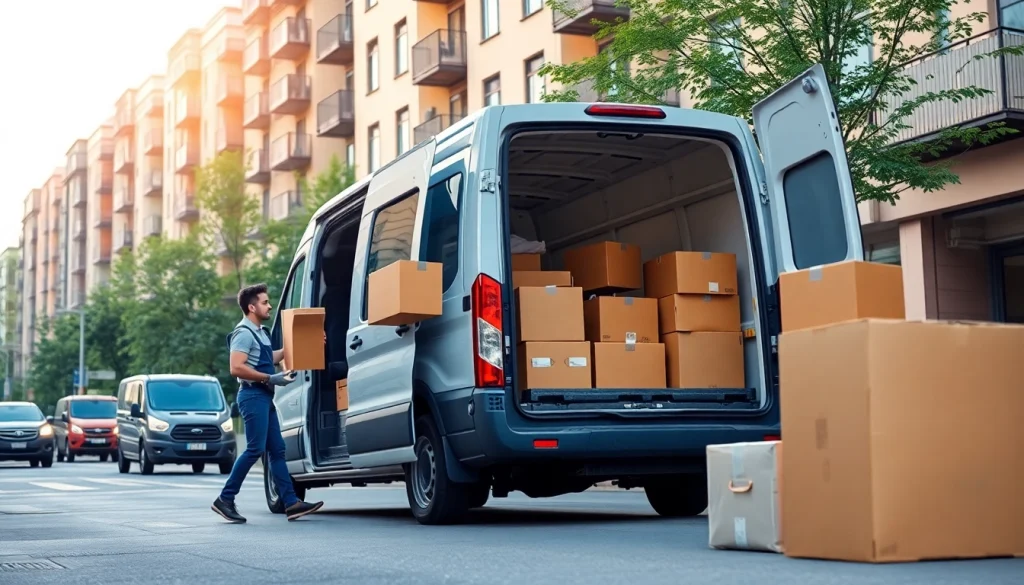 Movers engaged in man and van moving service, efficiently packing a van with boxes and furniture.