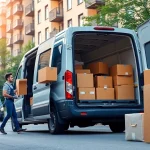 Movers engaged in man and van moving service, efficiently packing a van with boxes and furniture.