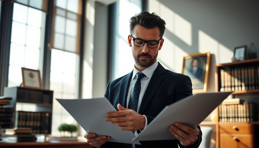 Dedicated car accident lawyer in Los Angeles thoughtfully reviewing case files in a bright, modern office.