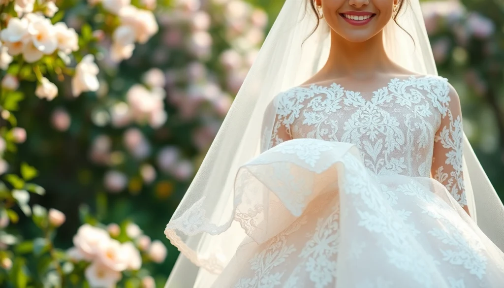 Admire Lace Wedding Dresses in an elegant garden, combining intricate details and a romantic atmosphere.