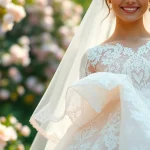 Admire Lace Wedding Dresses in an elegant garden, combining intricate details and a romantic atmosphere.