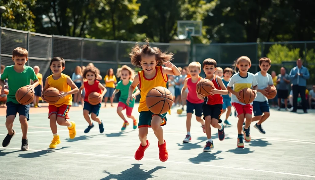 Young basketball enthusiasts practicing skills on an outdoor court, showcasing teamwork and energy.