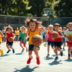 Young basketball enthusiasts practicing skills on an outdoor court, showcasing teamwork and energy.