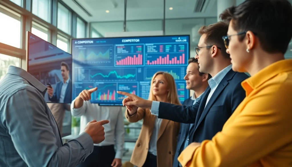 Engaging professionals leveraging AI for competitor analysis in a modern office setting.