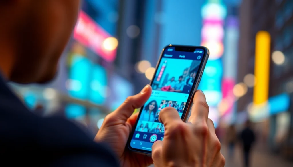 View Instagram stories on a smartphone held by a user amid a vibrant urban scene.