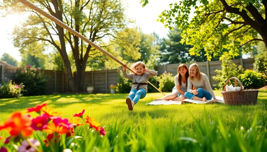Engaging family adventure with a GARDEN ZIP WIRE KIT in a vibrant backyard setting.