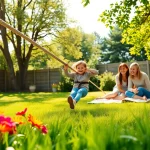 Engaging family adventure with a GARDEN ZIP WIRE KIT in a vibrant backyard setting.