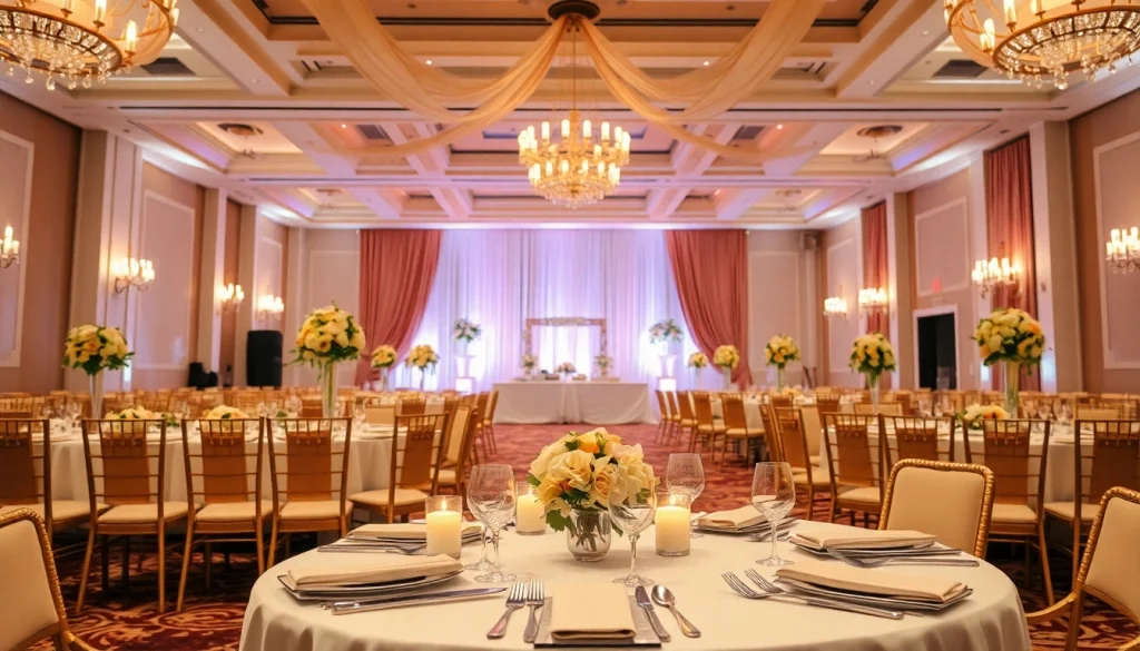 Set the stage at the city venue event center for a beautiful event with elegant decor and inviting atmosphere.