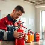 Conducting fire extinguisher service with attention to safety standards during an inspection