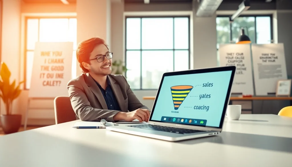 Creating Funnels for coaches in a bright office with a business coach on a video call.