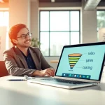 Creating Funnels for coaches in a bright office with a business coach on a video call.