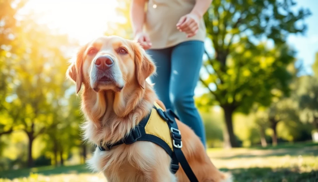Buy a service dog in training with a handler in a sunny park, showcasing companionship and support.