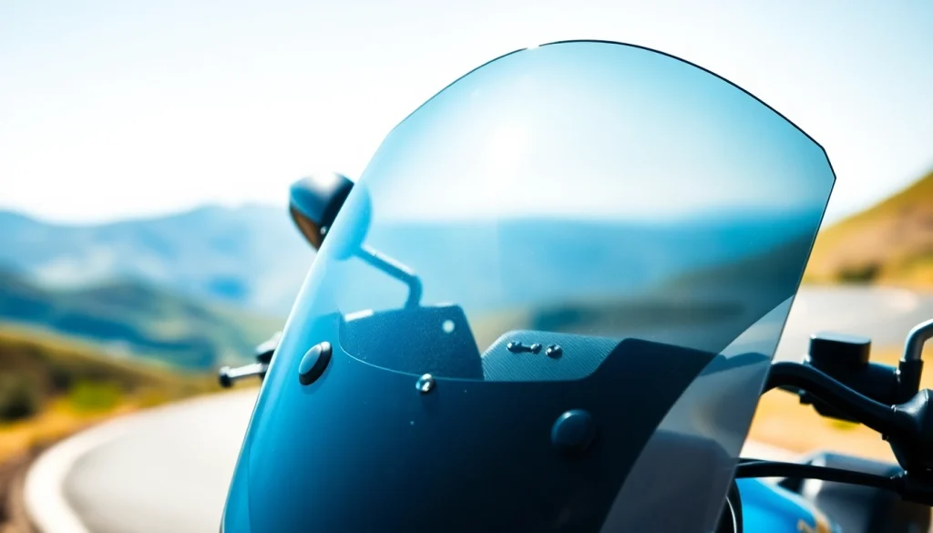 View a motorcycle windshields installed on a sleek motorcycle parked on a scenic road.