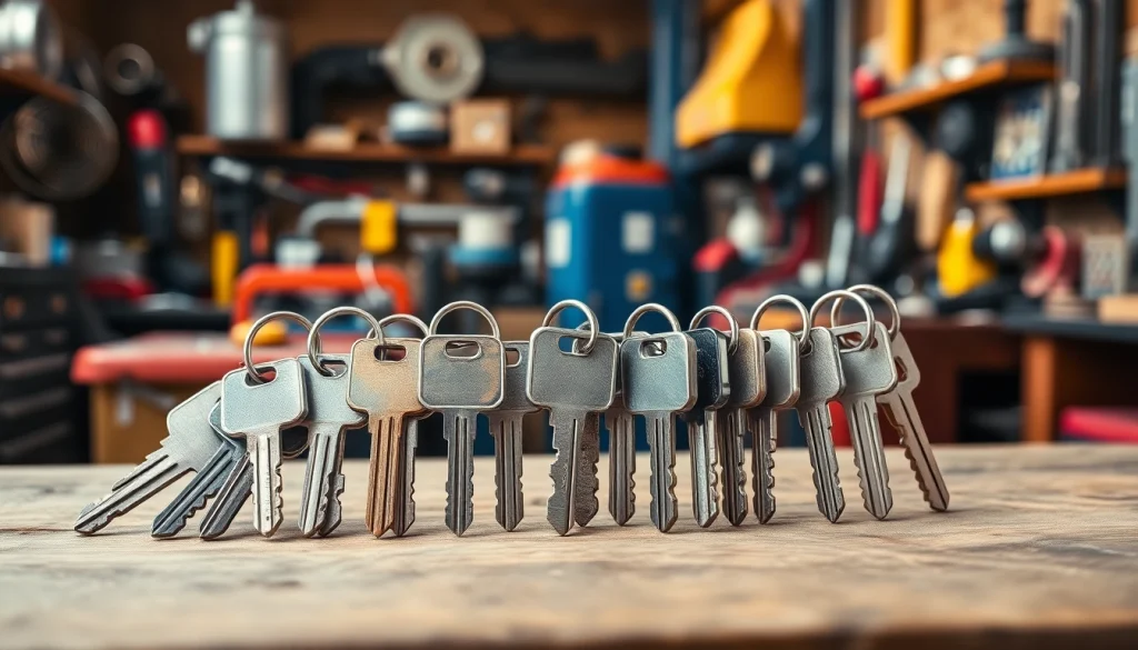 Discovering truck keys on a workshop bench, showcasing various designs and details.