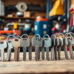Discovering truck keys on a workshop bench, showcasing various designs and details.