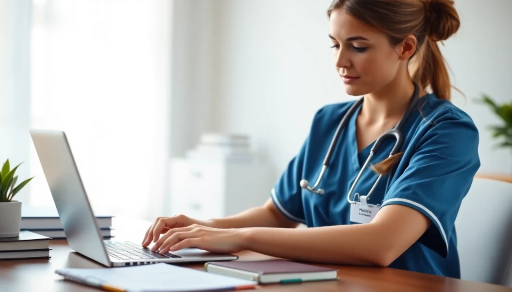 Nurse completing rn ceus online at a desk with focused expression and study materials.