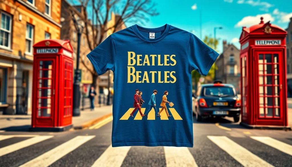 Showcasing a Beatles Abbey Road shirt in a vibrant pop art style with a nostalgic backdrop.