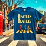Showcasing a Beatles Abbey Road shirt in a vibrant pop art style with a nostalgic backdrop.