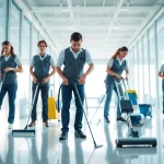 Enhance your workspace's cleanliness with professional commercial cleaning services Melbourne, showcased by an active cleaning team.