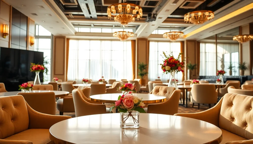 Set up of an inviting event space showcasing elegant decor and inviting seating arrangements.