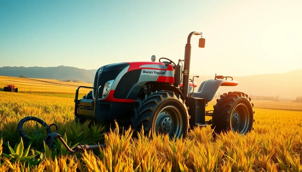 Massey Ferguson Traktor auf einem Feld mit goldenen Ernte-Elementen.
