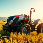 Massey Ferguson Traktor auf einem Feld mit goldenen Ernte-Elementen.