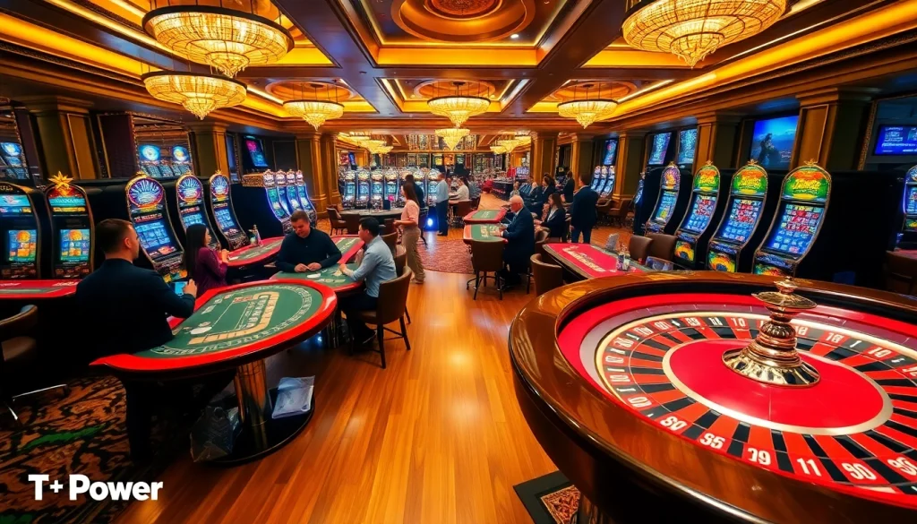 Engage with thrilling games at TPower casino, showcasing vibrant tables and players in a luxurious environment.