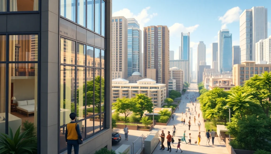 Design and architecture of a sim tower surrounded by a vibrant cityscape, illustrating urban life.