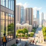 Design and architecture of a sim tower surrounded by a vibrant cityscape, illustrating urban life.