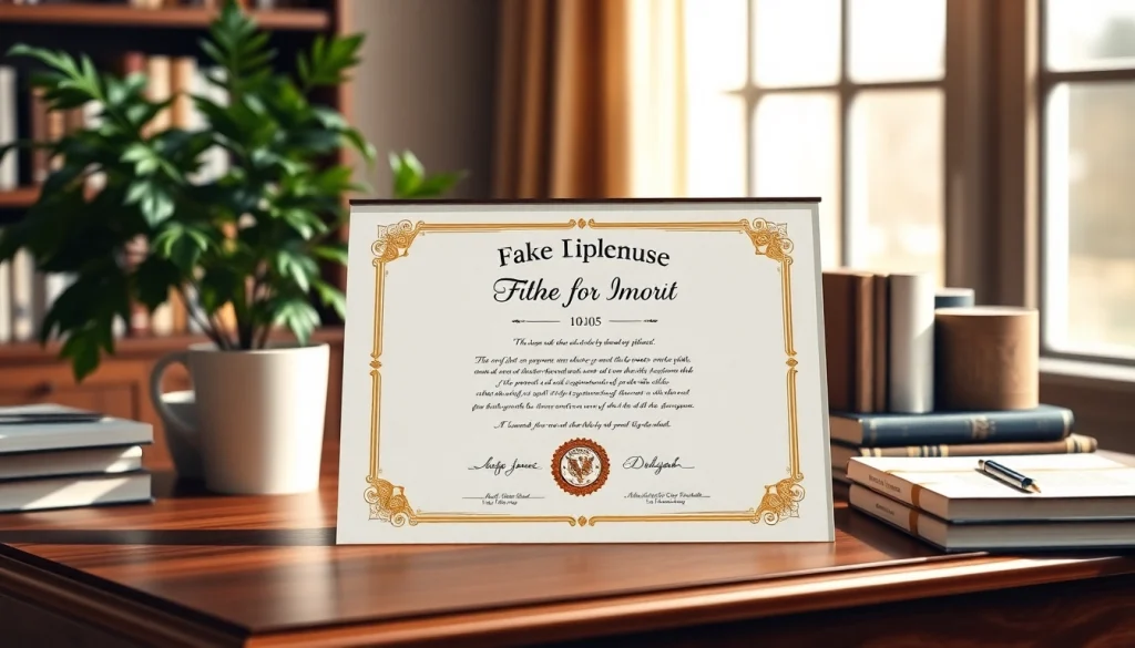 Order a striking fake diploma with elegant design displayed on a stylish desk.